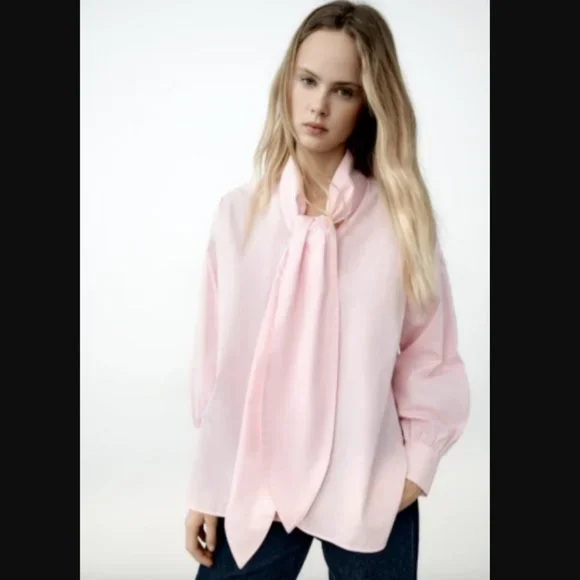 ZARA NEW WOMAN COLORS POPLIN SHIRT TIED POPLIN BLOUSE MID-PINK 1971/176 XS  S M